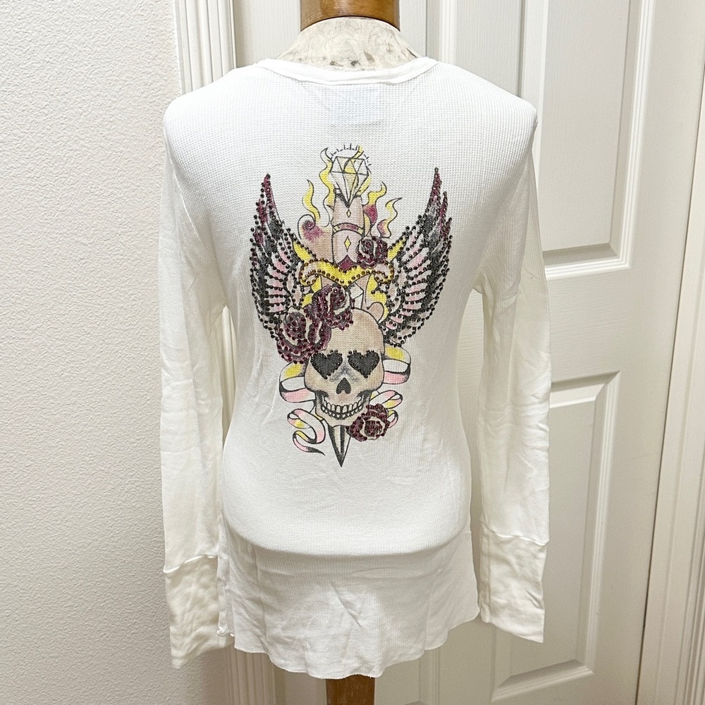 Vtg Ankh Royalty White L/S Thermal Henley Top w/Skull, Wings, Rhinestones - XL
